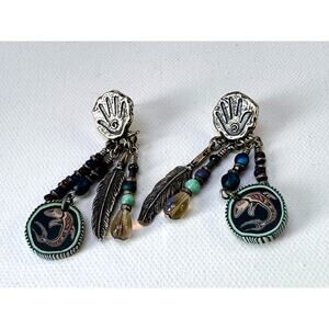 Sterling Silver Southwest Style Dangle Earrings Hand Motif Feather Charm